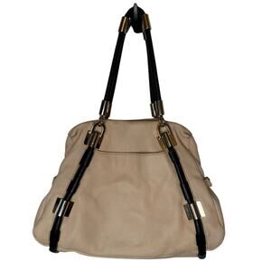 DKNY Vintage Leather Satchel Handbag Beige and Black Bowler Bag Purse